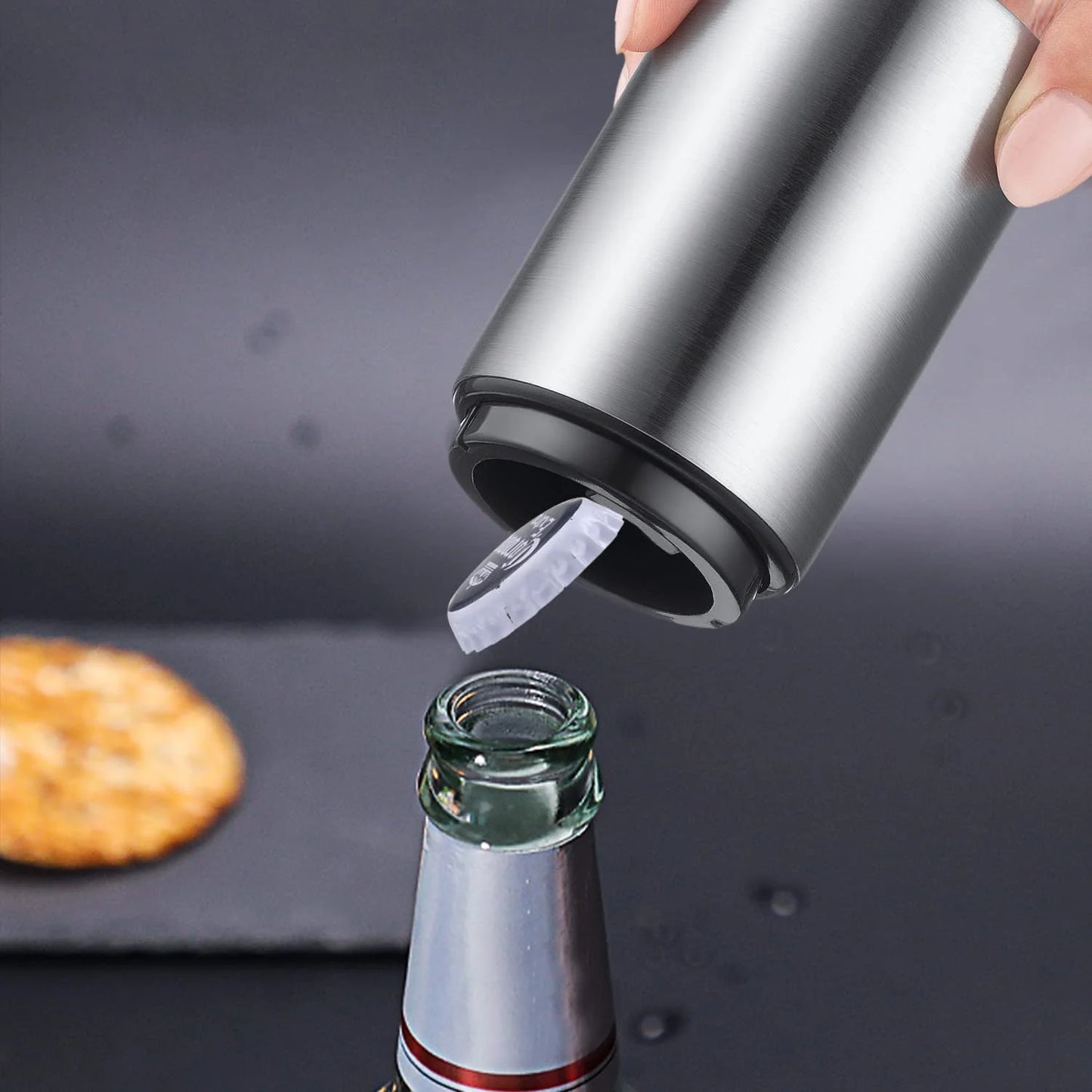2 PCS Premium Beer Bottle Opener, Stainless Steel Automatic Push down No Damage Quick to Open Small Portable Bottle Cap Openers for Home Bars Picnic Camping Hiking, Silver