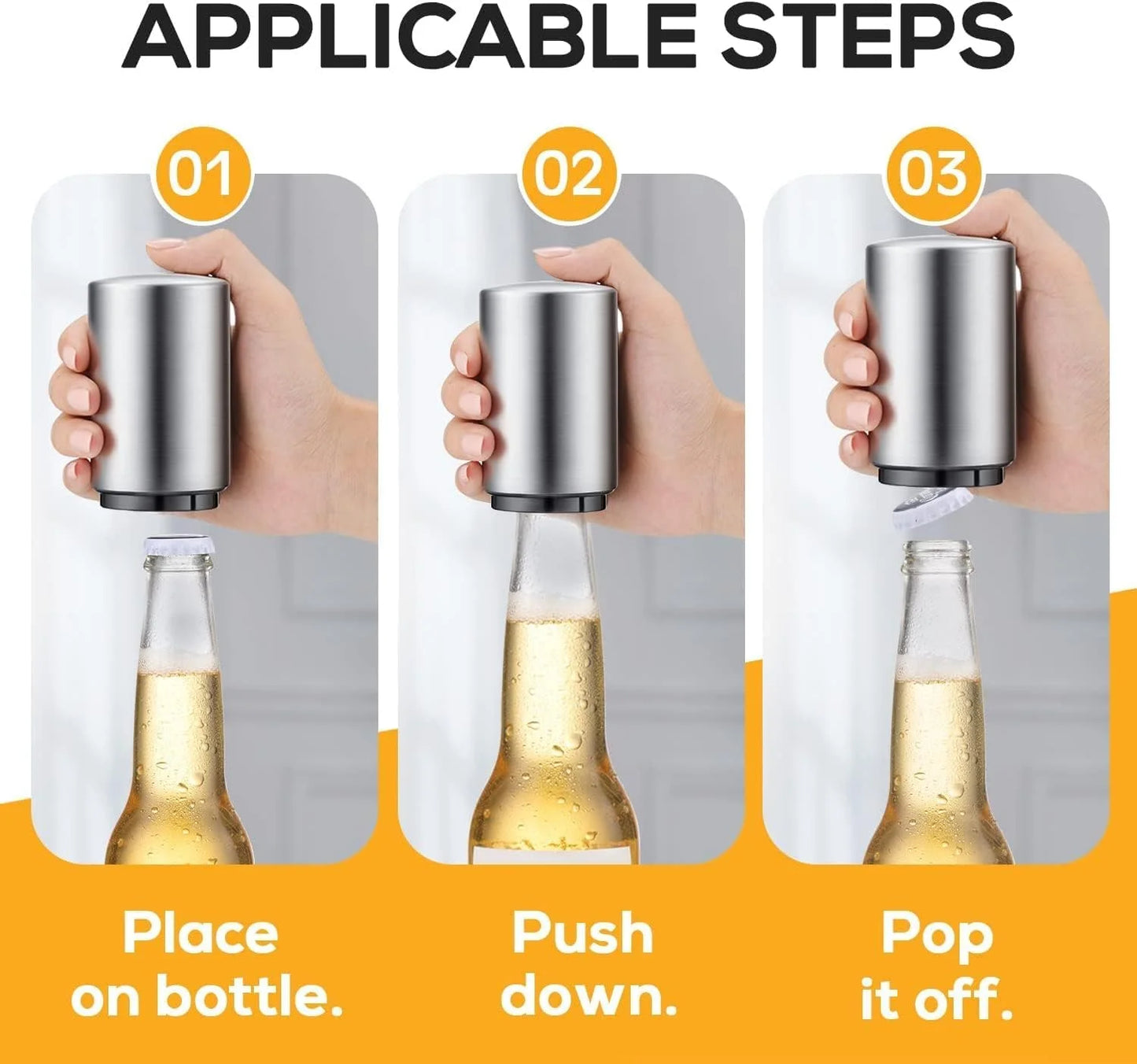 2 PCS Premium Beer Bottle Opener, Stainless Steel Automatic Push down No Damage Quick to Open Small Portable Bottle Cap Openers for Home Bars Picnic Camping Hiking, Silver
