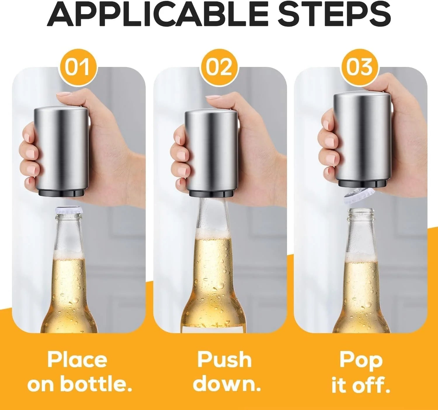 2 PCS Premium Beer Bottle Opener, Stainless Steel Automatic Push down No Damage Quick to Open Small Portable Bottle Cap Openers for Home Bars Picnic Camping Hiking, Silver